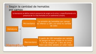 Hematuria
 Según la cantidad de hematíes
por campo
Hematuria
Microscópica
La hematuria se define como la presencia de sangre en la orina, y específicamente a la
presencia de 3 o más hematíes en un sedimento urinario.
Macroscópica
La emisión de hematíes por campo
es inferior a 100 y la orina no cambia
de color.
A partir de 100 hematíes por campo,
la sangre se hace visible en la orina.
1 ml de sangre en 1 litro de orina
hace que ésta adopte un color rojizo
 