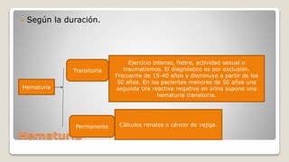 Hematuria
 Según la duración.
Hematuria
Transitoria
Permanente
Ejercicio intenso, fiebre, actividad sexual o
traumatismos. El diagnóstico es por exclusión.
Frecuente de 15-40 años y disminuye a partir de los
50 años. En los pacientes menores de 50 años una
segunda tira reactiva negativa en orina supone una
hematuria transitoria.
Cálculos renales o cáncer de vejiga.
 