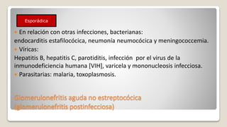 Glomerulonefritis aguda no estreptocócica
(glomerulonefritis postinfecciosa)
 En relación con otras infecciones, bacterianas:
endocarditis estafilocócica, neumonía neumocócica y meningococcemia.
 Víricas:
Hepatitis B, hepatitis C, parotiditis, infección por el virus de la
inmunodeficiencia humana [VIH], varicela y mononucleosis infecciosa.
 Parasitarias: malaria, toxoplasmosis.
Esporádica
 