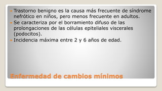 Enfermedad de cambios mínimos
 Trastorno benigno es la causa más frecuente de síndrome
nefrótico en niños, pero menos frecuente en adultos.
 Se caracteriza por el borramiento difuso de las
prolongaciones de las células epiteliales viscerales
(podocitos).
 Incidencia máxima entre 2 y 6 años de edad.
 