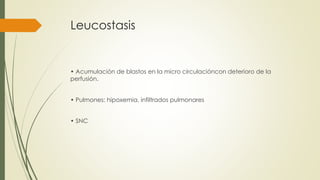 Leucostasis
• Acumulación de blastos en la micro circulacióncon deterioro de la
perfusión.
• Pulmones: hipoxemia, infiltrados pulmonares
• SNC
 