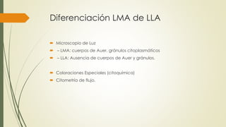 Diferenciación LMA de LLA
 Microscopio de Luz
 – LMA: cuerpos de Auer, gránulos citoplasmáticos
 – LLA: Ausencia de cuerpos de Auer y gránulos.
 Coloraciones Especiales (citoquímica)
 Citometría de flujo.
 