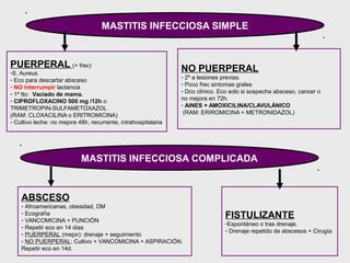 PUERPERAL (+ frec)
-S. Aureus
- Eco para descartar absceso
- NO interrumpir lactancia
- 1º tto: Vaciado de mama.
- CIPROFLOXACINO 500 mg /12h o
TRIMETROPIN-SULFAMETOXAZOL
(RAM: CLOXACILINA o ERITROMICINA)
- Cultivo leche: no mejora 48h, recurrente, intrahospitalaria
MASTITIS INFECCIOSA SIMPLE
NO PUERPERAL
- 2º a lesiones previas.
- Poco frec sintomas grales
- Dco clínico. Eco solo si sospecha absceso, cancer o
no mejora en 72h.
- AINES + AMOXICILINA/CLAVULÁNICO
(RAM: ERIROMICINA + METRONIDAZOL)
MASTITIS INFECCIOSA COMPLICADA
ABSCESO
- Afroamericanas, obesidad, DM
- Ecografía
- VANCOMICINA + PUNCIÓN
- Repetir eco en 14 dias
- PUERPERAL (mejor): drenaje + seguimiento
- NO PUERPERAL: Cultivo + VANCOMICINA + ASPIRACIÓN.
Repetir eco en 14d.
FISTULIZANTE
-Espontáneo o tras drenaje.
- Drenaje repetido de abscesos + Cirugía
 