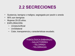 • Sustancia, benigna o maligna, segregada por pezón o areola
• 95% son benignas
• Mujeres 20-25 años.
• EXPLORACIÓN:
– Uni/pluriorificial
– Uni/bilateral
– Color, transparencia y características exudado.
2.2 SECRECIONES
-FISIOLÓGICA EMBARAZO
- GALACTORREA
- TELORREA
- TELORRAGIA
 