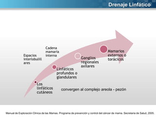 Drenaje Linfático

Espacios
interlobulill
ares

Cadena
mamaria
interna

Linfáticos
profundos o
glandulares
Los
linfáticos
cutáneos

Ganglios
regionales
axilares

Mamarios
externos o
torácicos

convergen al complejo areola - pezón

Manual de Exploración Clínica de las Mamas. Programa de prevención y control del cáncer de mama. Secretaria de Salud, 2005.

 