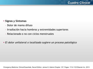 Cuadro Clínico

 Signos y Síntomas
- Dolor de mama difuso

- Irradiación hacia hombros y extremidades superiores
- Relacionado o no con ciclos menstruales
 El dolor unilateral o localizado sugiere un proceso patológico

Emergency Medicine: Clinical Essentials, Secod Edition. James G. Adams Chapter. 127, Pages: 1114-1123 Elsevier Inc .2013

 