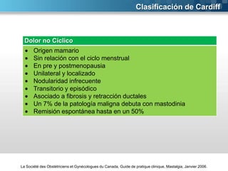Clasificación de Cardiff

Dolor no Cíclico
Origen mamario
Sin relación con el ciclo menstrual
En pre y postmenopausia
Unilateral y localizado
Nodularidad infrecuente
Transitorio y episódico
Asociado a fibrosis y retracción ductales
Un 7% de la patología maligna debuta con mastodinia
Remisión espontánea hasta en un 50%

La Société des Obstétriciens et Gynécologues du Canada, Guide de pratique clinique, Mastalgia, Janvier 2006.

 