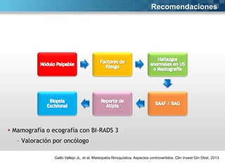 Recomendaciones

 Mamografía o ecografía con BI-RADS 3
- Valoración por oncólogo
Gallo Vallejo JL, et al. Mastopatía fibroquística. Aspectos controvertidos. Clin Invest Gin Obst. 2013.

 