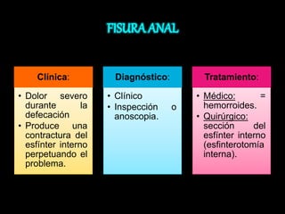 Clínica: 
• Dolor severo 
durante la 
defecación 
• Produce una 
contractura del 
esfínter interno 
perpetuando el 
problema. 
Diagnóstico: 
• Clínico 
• Inspección o 
anoscopia. 
Tratamiento: 
• Médico: = 
hemorroides. 
• Quirúrgico: 
sección del 
esfínter interno 
(esfinterotomía 
interna). 
 