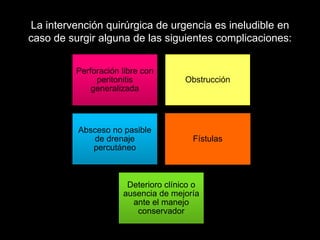 La intervención quirúrgica de urgencia es ineludible en 
caso de surgir alguna de las siguientes complicaciones: 
Perforación libre con 
peritonitis 
generalizada 
Obstrucción 
Absceso no pasible 
de drenaje 
percutáneo 
Fístulas 
Deterioro clínico o 
ausencia de mejoría 
ante el manejo 
conservador 
 