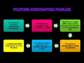 Enfermedad 
hereditaria 
Autosómica 
Dominante 
Prevalencia 
estimada entre 
1:17.000 y 1:5.000 
Mutación en el gen 
APC (adenomatus 
poliposis coli) ubicado 
en el cromosoma 5 
q21 
Permanecer 
asintomático hasta 
la pubertad 
Los pólipos pueden 
aparecer en la 
primera década de 
la vida 
La edad promedio 
diagnóstico es a los 
36 años 
 
