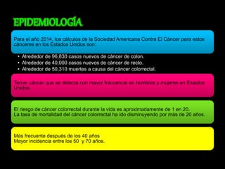 Para el año 2014, los cálculos de la Sociedad Americana Contra El Cáncer para estos 
cánceres en los Estados Unidos son: 
• Alrededor de 96,830 casos nuevos de cáncer de colon. 
• Alrededor de 40,000 casos nuevos de cáncer de recto. 
• Alrededor de 50,310 muertes a causa del cáncer colorrectal. 
Tercer cáncer que se detecta con mayor frecuencia en hombres y mujeres en Estados 
Unidos. 
El riesgo de cáncer colorrectal durante la vida es aproximadamente de 1 en 20. 
La tasa de mortalidad del cáncer colorrectal ha ido disminuyendo por más de 20 años. 
Más frecuente después de los 40 años 
Mayor incidencia entre los 50 y 70 años. 
 