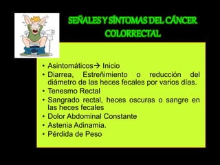 • Asintomáticos Inicio 
• Diarrea, Estreñimiento o reducción del 
diámetro de las heces fecales por varios días. 
• Tenesmo Rectal 
• Sangrado rectal, heces oscuras o sangre en 
las heces fecales 
• Dolor Abdominal Constante 
• Astenia Adinamia. 
• Pérdida de Peso 
 