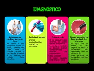 Antecedentes 
médicos y examen 
físico 
• Su médico le hará 
preguntas sobre su 
salud, hablará con 
usted sobre su 
historial familiar y 
también le someterá 
a un examen de 
revisión física 
completo. 
Análisis de sangre 
• anemia 
• función hepática 
• marcadores 
tumorales 
Colonoscopia 
• Si se descubre algo 
anormal, se puede 
extraer una biopsia 
• Los pólipos también 
se pueden extraer 
completamente 
durante una 
colonoscopia. 
• Bajo sedación 
• El colon necesita 
estar limpio y vacío 
Biopsia y pruebas de 
laboratorio de las 
muestras 
• El tejido que se 
extrae en una 
biopsia se envía al 
laboratorio para 
examinarlo con un 
microscopio 
• otras pruebas de 
laboratorio (estudios 
genéticos) 
 