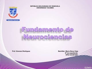 REPÚBLICA BOLIVARIANA DE VENEZUELA
UNIVERSIDAD YACAMBÚ
Prof. Xiomara Rodríguez Bachiller: María Elena Viaje
Nº de expediente:
HPS-133-00123V
 