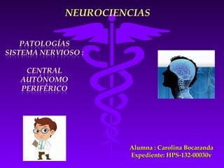 NEUROCIENCIAS
Alumna : Carolina BocarandaAlumna : Carolina Bocaranda
Expediente: HPS-132-00030vExpediente: HPS-132-00030v
 