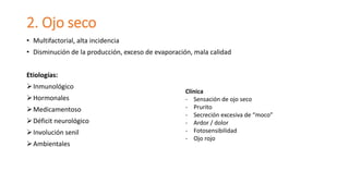 2. Ojo seco
• Multifactorial, alta incidencia
• Disminución de la producción, exceso de evaporación, mala calidad
Etiologías:
Inmunológico
Hormonales
Medicamentoso
Déficit neurológico
Involución senil
Ambientales
Clínica
- Sensación de ojo seco
- Prurito
- Secreción excesiva de “moco”
- Ardor / dolor
- Fotosensibilidad
- Ojo rojo
 