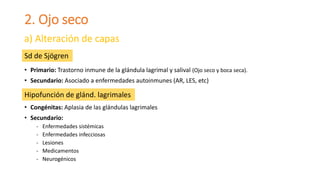 2. Ojo seco
• Primario: Trastorno inmune de la glándula lagrimal y salival (Ojo seco y boca seca).
• Secundario: Asociado a enfermedades autoinmunes (AR, LES, etc)
a) Alteración de capas
Sd de Sjögren
• Congénitas: Aplasia de las glándulas lagrimales
• Secundario:
- Enfermedades sistémicas
- Enfermedades infecciosas
- Lesiones
- Medicamentos
- Neurogénicos
Hipofunción de glánd. lagrimales
 