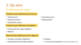 2. Ojo seco
• Avitaminosis A
• Sd Steven Johnson
• Conjuntivitis crónica
• Quemaduras qcas
• Medicamentos
a) Alteración de capas
Trastornos por deficiencia de mucina
• Cicatrización del margen palpebral
• Blefaritis
Trastornos por deficiencia de lípidos
• Ectropion, entropion, lagoftalmo
• Queratinización del margen palpebral
• Pterigeon
• < o ausencia de parpadeo (P facial, Hipertiroidismo, LC)
Diseminación defectuosa de la lágrima
 