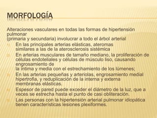 MORFOLOGÍA 
Alteraciones vasculares en todas las formas de hipertensión 
pulmonar 
(primaria y secundaria) involucrar a todo el árbol arterial 
1) En las principales arterias elásticas, ateromas 
similares a las de la aterosclerosis sistémica 
2) En arterias musculares de tamaño mediano, la proliferación de 
células endoteliales y células de músculo liso, causando 
engrosamiento de 
la íntima y media con el estrechamiento de los lúmenes; 
3) En las arterias pequeñas y arteriolas, engrosamiento medial 
hipertrofia, y reduplicación de la interna y externa 
membranas elásticas. 
4) Espesor de pared puede exceder el diámetro de la luz, que a 
veces se estrecha hasta el punto de casi obliteración. 
5) Las personas con la hipertensión arterial pulmonar idiopática 
tienen características lesiones plexiformes. 
 