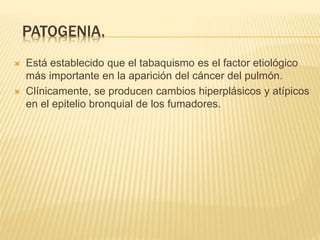 PATOGENIA. 
 Está establecido que el tabaquismo es el factor etiológico 
más importante en la aparición del cáncer del pulmón. 
 Clínicamente, se producen cambios hiperplásicos y atípicos 
en el epitelio bronquial de los fumadores. 
 