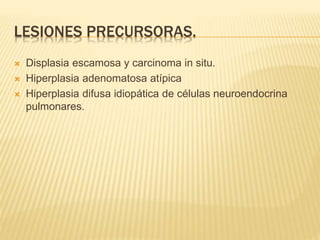 LESIONES PRECURSORAS. 
 Displasia escamosa y carcinoma in situ. 
 Hiperplasia adenomatosa atípica 
 Hiperplasia difusa idiopática de células neuroendocrina 
pulmonares. 
 