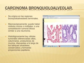 CARCINOMA BRONQUIOLOALVEOLAR. 
 Se origina en las regiones 
bronquioloalveolares terminales. 
 Macroscópicamente: puede haber 
nódulos únicos o múltiples, o una 
consolidación tumoral difusa 
similar a una neumonía. 
 Histológicamente:hay células 
tumorales diferenciadas altas, 
columnares, productoras de 
mucina, dispuestas a lo largo de 
los tabiques alveolares 
conservados y formando 
proyecciones papilares. 
 