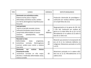 TIPO

CLINICA

I

Dominante con escleróticas azules.
Estatura normal, poca o ninguna
deformidad, escleróticas azules, sordera
en el 50 %; dentinogénesis imperfecta poco
frecuente

II

III

IV

Letal perinatal.
Letal en el periodo neonatal; mínima
osificación de bóveda craneal, fémures
comprimidos deformidades en huesos
tubulares,
platidispondilia,
costillas
fracturadas.
Neonatal no letal.
Deformidades
óseas
progresivas,
escleróticas normales. Dentinogénesis
anormal, sordera poco común y estatura
muy corta.
Dominante
con
escleras
blancas
Presentación tardía.
Escleróticas normales en niño mayor;
discretas a moderadas deformidades óseas;
estatura variable.

HERENCIA

DEFECTO BIOQUIMICO

AD

Producción disminuida de procolágeno I,
sustitución por residuos distintos a glicina
en la triple hélice de a1 (I).

AD
AR(Rara)

Reagrupamiento en los genes de COL 1A1
Y COL 1A2. Sustitución por residuos de
glicina en la triple hélice de a1 (I) o a2 (I)
Microdeleción en la cadena a2 (I) sobre la
base de un alelo nulo.

AR
AD

Mutación que previene la incorporación de
pro a2 (I) en las moléculas (defectos no
colágenos). Mutaciones puntuales en a2 (I)
o a1 (I).

AD

Mutaciones puntuales en la cadena a2(I).
Rara vez en a1 (I). Microdeleciones en la
cadena a2 (I).

 
