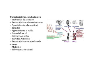 Características conductuales
· Problemas de atención
· Estereotipia de aleteo de manos
· Agobio frente a la multitud
· Timidez
· Agobio frente al ruido
· Ansiedad social
· Interacción pobre
· Tozudez. Obsesivo
· Estereotipia de mordedura de
manos
· Mutismo
· Pobre contacto visual

 