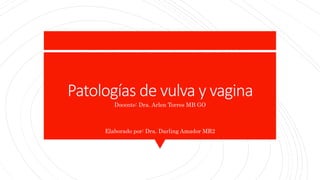 Patologías de vulva y vagina
Docente: Dra. Arlen Torres MB GO
Elaborado por: Dra. Darling Amador MR2
 