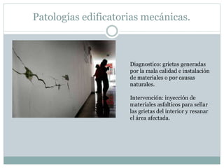 Patologías edificatorias mecánicas.
Diagnostico: grietas generadas
por la mala calidad e instalación
de materiales o por causas
naturales.
Intervención: inyección de
materiales asfalticos para sellar
las grietas del interior y resanar
el área afectada.
 