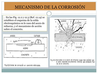 MECANISMO DE LA CORROSIÓN
. En las Fig. 12.2 y 12.3 (Ref. 12.14) se
establece el esquema de la celda
electroquímica en le caso del acero de
refuerzo, y el mecanismo de acción
sobre el concreto.
 