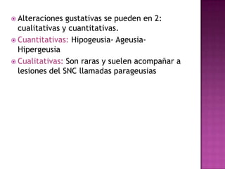  Alteraciones

gustativas se pueden en 2:
cualitativas y cuantitativas.
 Cuantitativas: Hipogeusia- AgeusiaHipergeusia
 Cualitativas: Son raras y suelen acompañar a
lesiones del SNC llamadas parageusias

 