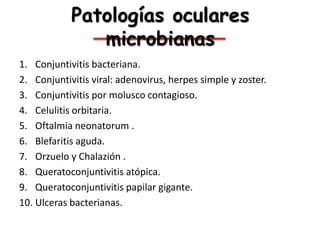Patologías oculares
microbianas
1. Conjuntivitis bacteriana.
2. Conjuntivitis viral: adenovirus, herpes simple y zoster.
3...