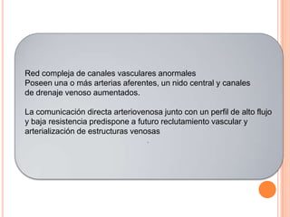 Red compleja de canales vasculares anormales
Poseen una o más arterias aferentes, un nido central y canales
de drenaje venoso aumentados.

La comunicación directa arteriovenosa junto con un perfil de alto flujo
y baja resistencia predispone a futuro reclutamiento vascular y
arterialización de estructuras venosas
                                   .
 