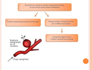 Se produce cuando la presión sanguínea empuja
                         la zona de la pared arterial debilitada




Puede romperse generando hemorragia           Puede producir complicaciones
                                                 por conflicto de espacio




                                                   Comprimir algún nervio
                                                o tejido cerebral circundante
 