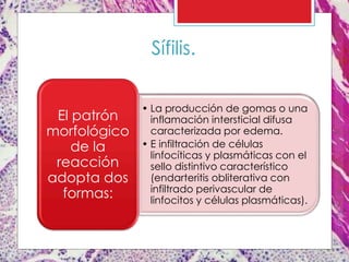 Sífilis.
• La producción de gomas o una
inflamación intersticial difusa
caracterizada por edema.
• E infiltración de células
linfocíticas y plasmáticas con el
sello distintivo característico
(endarteritis obliterativa con
infiltrado perivascular de
linfocitos y células plasmáticas).
El patrón
morfológico
de la
reacción
adopta dos
formas:
 
