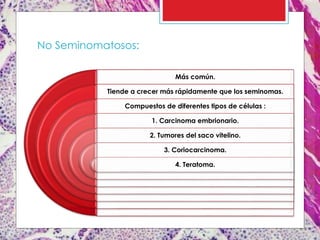 Más común.
Tiende a crecer más rápidamente que los seminomas.
Compuestos de diferentes tipos de células :
1. Carcinoma embrionario.
2. Tumores del saco vitelino.
3. Coriocarcinoma.
4. Teratoma.
No Seminomatosos:
 