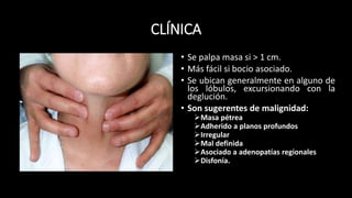 CLÍNICA 
• Se palpa masa si > 1 cm. 
• Más fácil si bocio asociado. 
• Se ubican generalmente en alguno de 
los lóbulos, excursionando con la 
deglución. 
• Son sugerentes de malignidad: 
Masa pétrea 
Adherido a planos profundos 
Irregular 
Mal definida 
Asociado a adenopatías regionales 
Disfonía. 
 