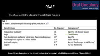 PAAF 
• Clasificación Bethesda para Citopatología Tiroidea 
Bryan McIver. Evaluation of the thyroid nodule. Oral oncology 1 July 2013 (volume 49 issue 7 Pages 645-653 
 