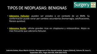TIPOS DE NEOPLASIAS: BENIGNAS 
• Adenoma Folicular: pueden ser aislados o en contexto de un BMN. Su 
conformación puede variar por cambios secundarios (hemorragia, calcificaciones, 
fibrosis quística) 
• Adenoma Hurtle: células grandes ricas en citoplasma y mitocondrias. Atipia es 
más frecuente que adenoma folicular. 
Gabriele Galata, Klaus-Martin Schulte, Management of the thyroid nodule, Surgery (Oxford), Volume 29, Issue 9, 
September 2011, Pages 434-439, ISSN 0263-9319, 
 