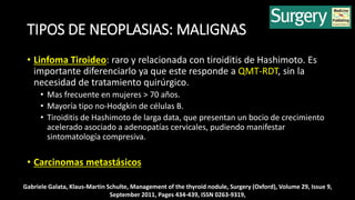 TIPOS DE NEOPLASIAS: MALIGNAS 
• Linfoma Tiroideo: raro y relacionada con tiroiditis de Hashimoto. Es 
importante diferenciarlo ya que este responde a QMT-RDT, sin la 
necesidad de tratamiento quirúrgico. 
• Mas frecuente en mujeres > 70 años. 
• Mayoría tipo no-Hodgkin de células B. 
• Tiroiditis de Hashimoto de larga data, que presentan un bocio de crecimiento 
acelerado asociado a adenopatías cervicales, pudiendo manifestar 
sintomatología compresiva. 
• Carcinomas metastásicos 
Gabriele Galata, Klaus-Martin Schulte, Management of the thyroid nodule, Surgery (Oxford), Volume 29, Issue 9, 
September 2011, Pages 434-439, ISSN 0263-9319, 
 