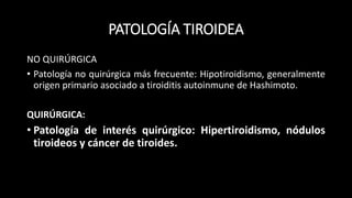 PATOLOGÍA TIROIDEA 
NO QUIRÚRGICA 
• Patología no quirúrgica más frecuente: Hipotiroidismo, generalmente 
origen primario asociado a tiroiditis autoinmune de Hashimoto. 
QUIRÚRGICA: 
• Patología de interés quirúrgico: Hipertiroidismo, nódulos 
tiroideos y cáncer de tiroides. 
 