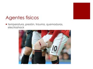 Agentes fisicos
 temperatura, presión, trauma, quemaduras,
electroshock
 