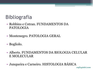 Bibliografia
• Robbins e Cotran. FUNDAMENTOS DA
PATOLOGIA
• Montenegro. PATOLOGIA GERAL
• Bogliolo.
• Alberts. FUNDAMENTOS...