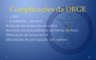 Complicações da DRGE
• < 20%
• Incidência > 60 anos:
Redução da produção de saliva
Aumento na probabilidade de hérnia de hiato
Diminuição do tonus do EEI
Dificuldade de percepção: dor x pirose
 