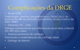 Complicações da DRGE
• Úlcera (5%)
Odinofagia, anemia (sangramento incidioso),risco de
perfuração,IBP,se refratário: gastrinoma ou uso crônico de
AAS/ AINES
• Estenose (7% – 23%)
Disfagia,estreitamento por inflamação,associado a Barrett
em 44% dos casos
• Adenocarcinoma de esôfago
Destruição e reepitelização do esôfago distal
• Esôfago de Barrett
 