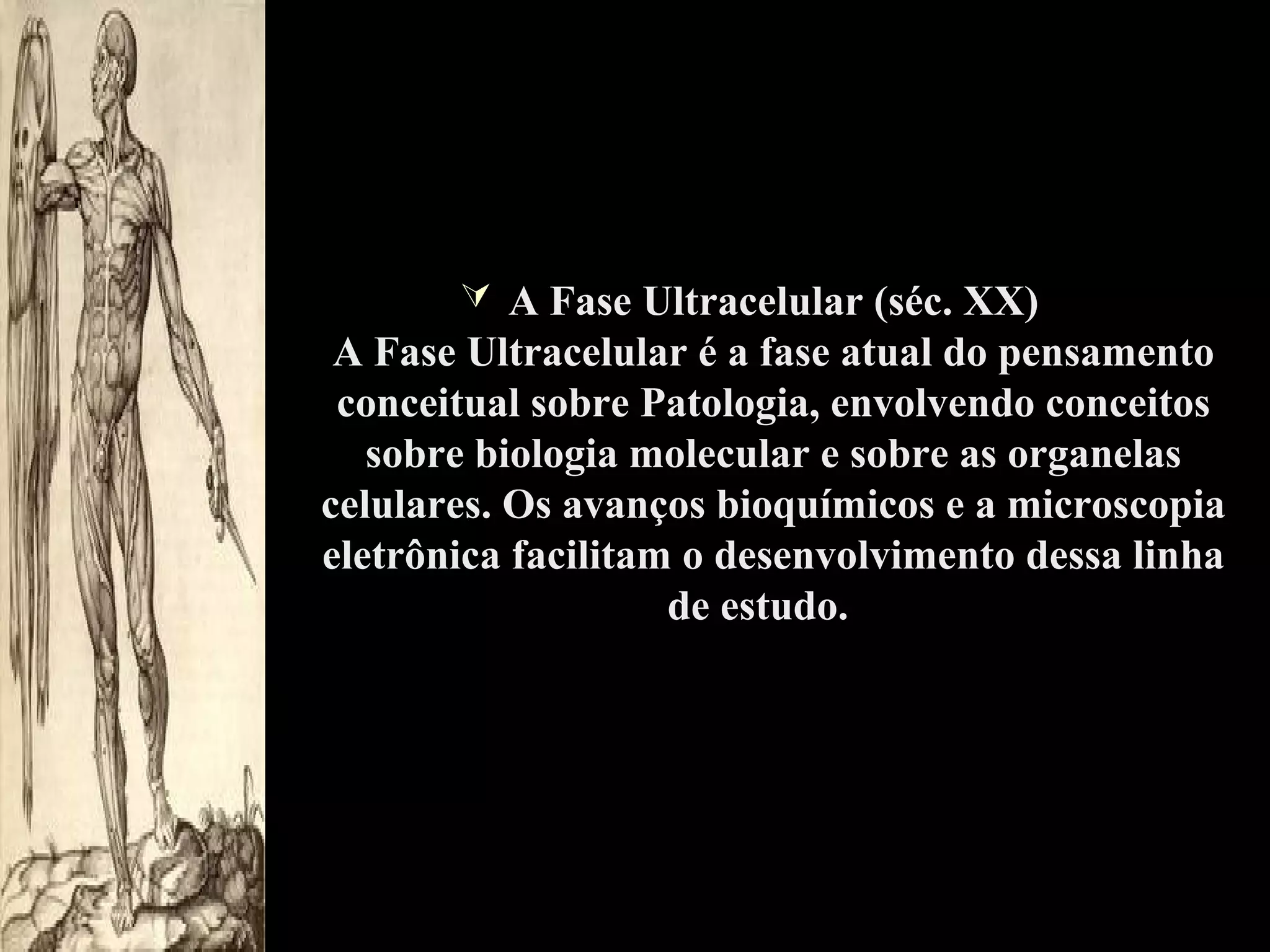  A Fase Ultracelular (séc. XX)

A Fase Ultracelular é a fase atual do pensamento
conceitual sobre Patologia, envolvendo conceitos
sobre biologia molecular e sobre as organelas
celulares. Os avanços bioquímicos e a microscopia
eletrônica facilitam o desenvolvimento dessa linha
de estudo.

 