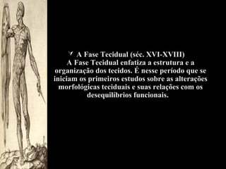  A Fase Tecidual (séc. XVI-XVIII)

A Fase Tecidual enfatiza a estrutura e a
organização dos tecidos. É nesse período que se
iniciam os primeiros estudos sobre as alterações
morfológicas teciduais e suas relações com os
desequilíbrios funcionais.

 