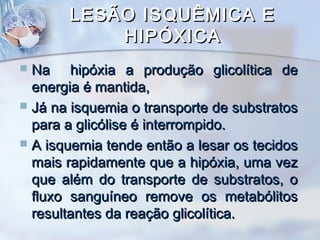 LESÃO ISQUÊMICA E
HIPÓXICA
Na hipóxia a produção glicolítica de
energia é mantida,
 Já na isquemia o transporte de substratos
para a glicólise é interrompido.
 A isquemia tende então a lesar os tecidos
mais rapidamente que a hipóxia, uma vez
que além do transporte de substratos, o
fluxo sanguíneo remove os metabólitos
resultantes da reação glicolítica.


 